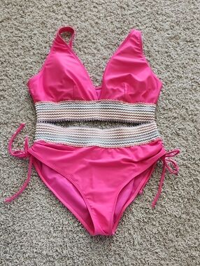 Womens Hot Pink Two Peice Highwaisted Swimsuit with Striped Waistband